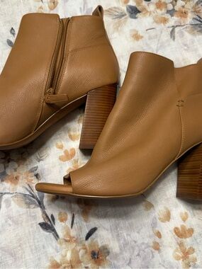 Cole Haan Cognac Tan Peep-Toe Stacked Heel Ankle Booties